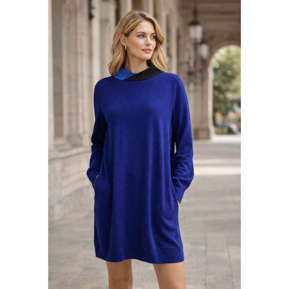 COS Royal Blue 100% Wool Dress MED Mock Neck Sweater Lightweight Office Career‎